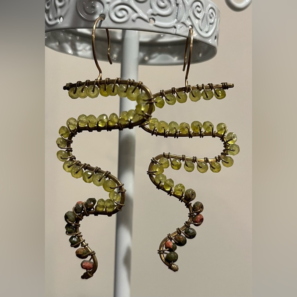 Green stone snake earrings
